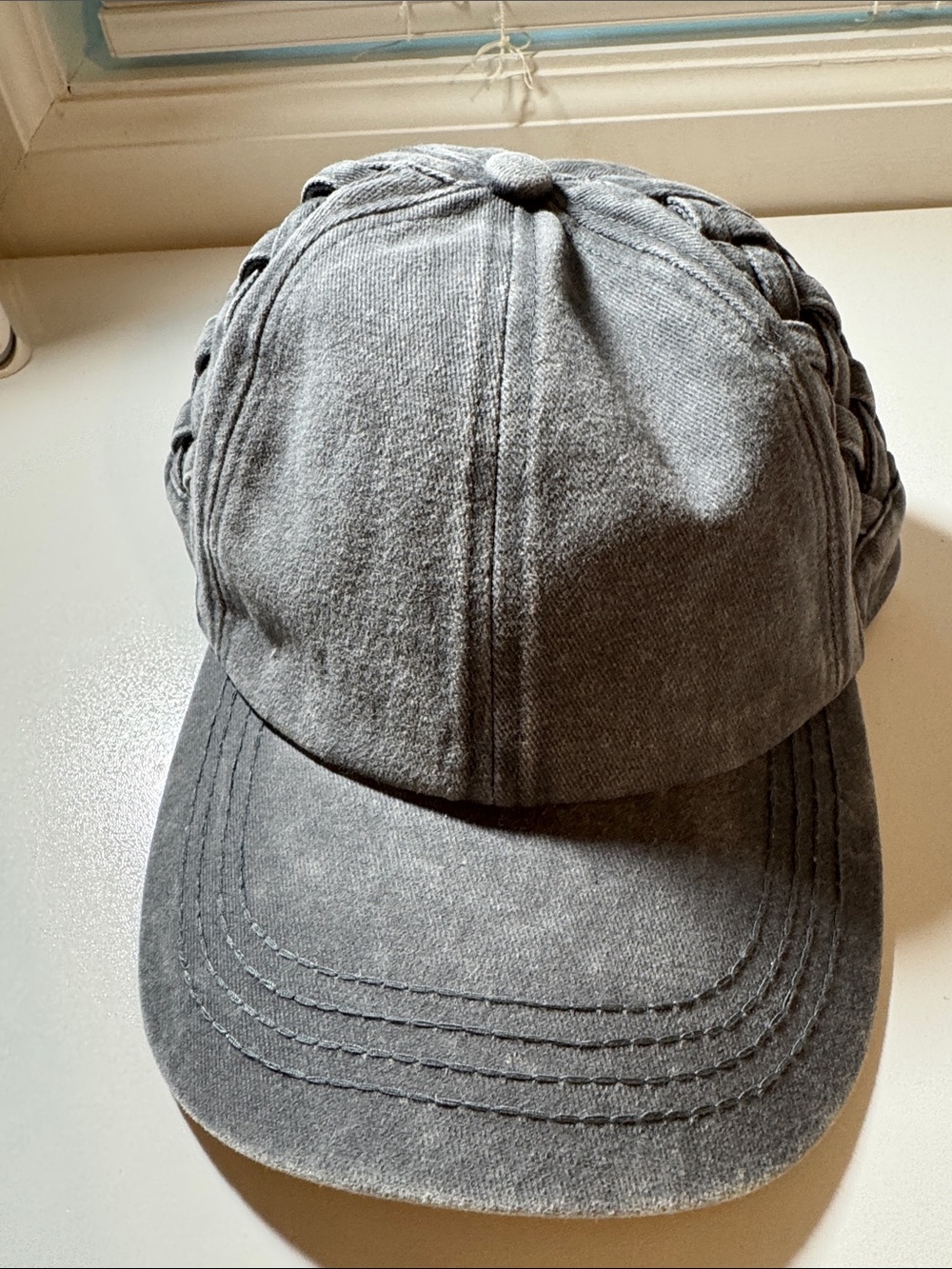 Corduroy Criss Cross Washed Gray Baseball Cap with Braided Side Trim